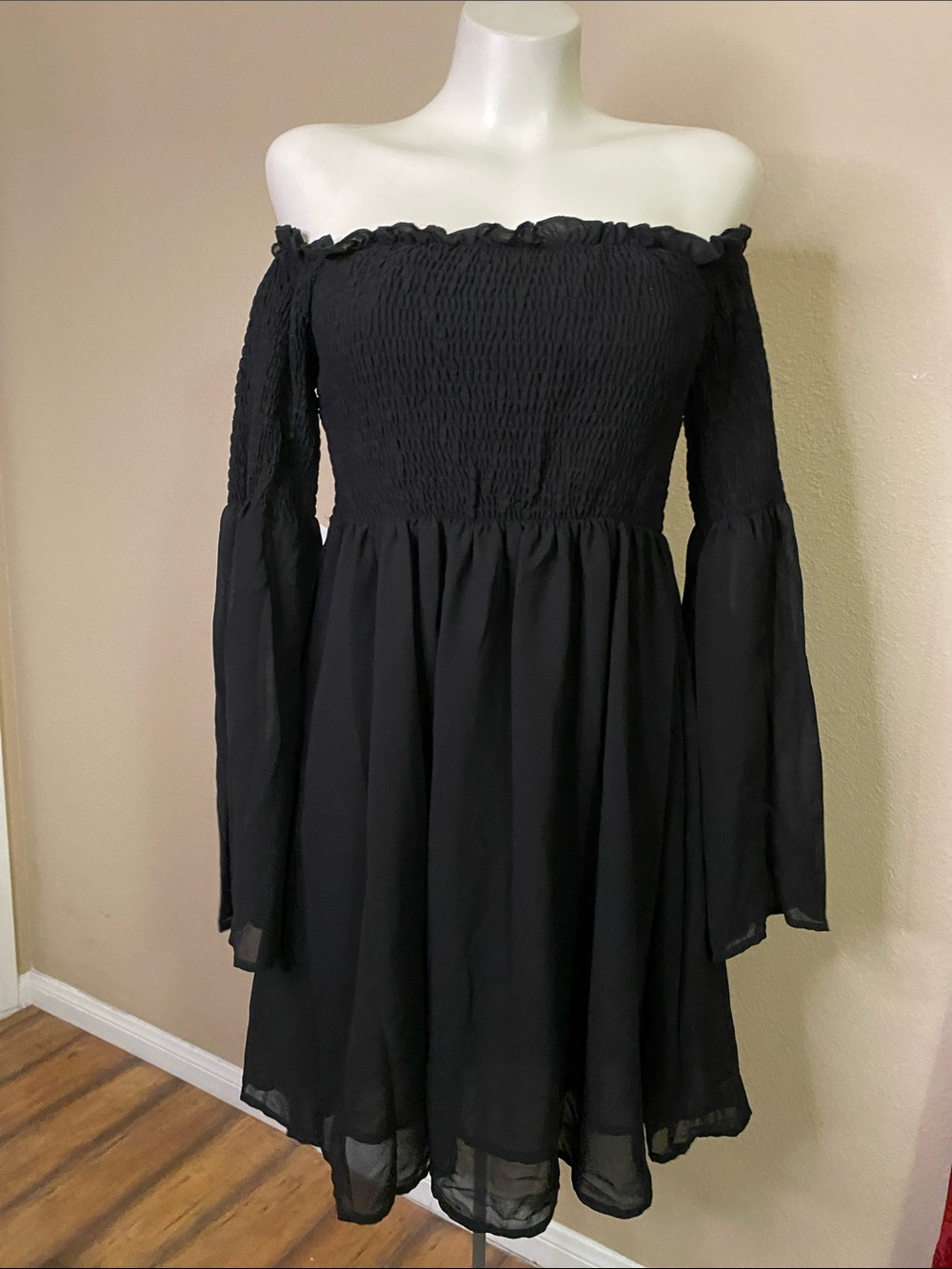 Goth Victorian Off-Shoulder Smocked Bodice sheer layer dress S